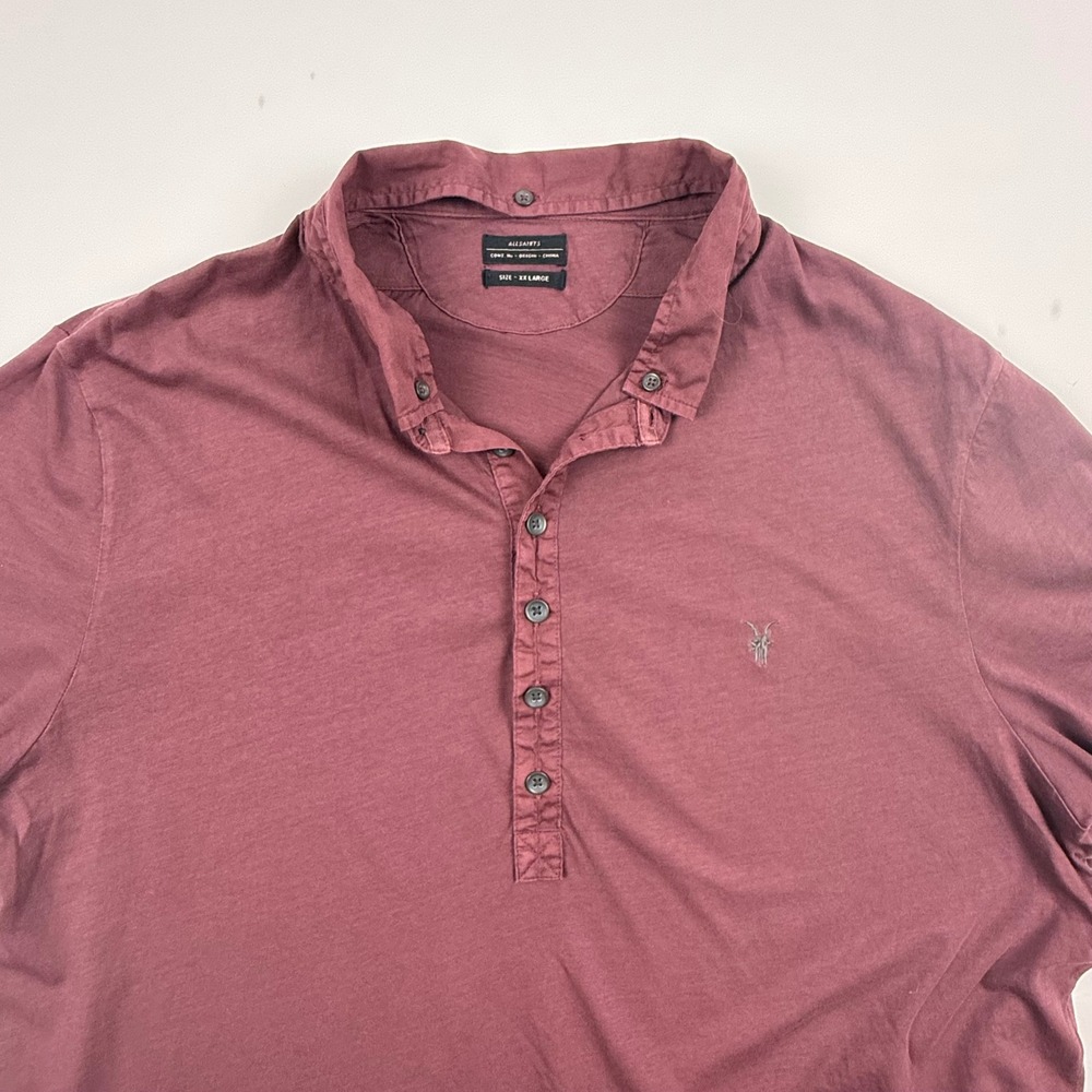 AllSaints Saints SS Polo Shirt Mens XXL Oxblood Burgundy Cotton MTJ602 Ramskull - Picture 10 of 11